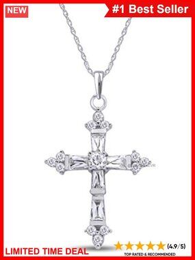 925 Sterling Silver Cross Pendant Necklace with Baguette & Round CZ
